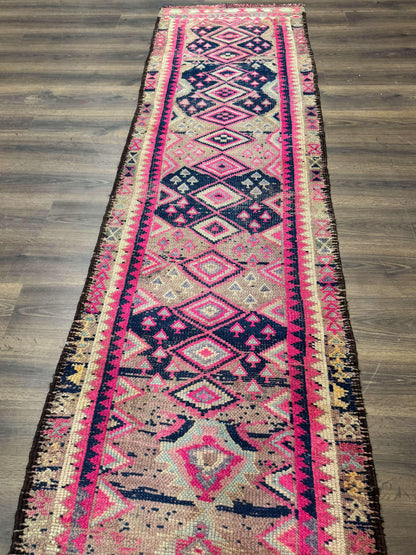 Turkish Runner Rug 3x10, Pink and Navy Blue, Bohemian Runner for Hallway or Kitchen, Vintage, Geometric, Tribal - Nuvé