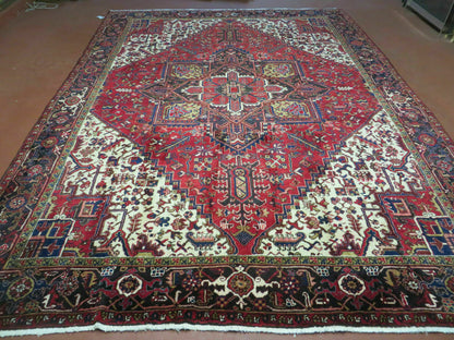 Wonderful Persian Heriz Rug 8.6 x 11, Geometric Heriz Carpet, Semi Antique Decorative Area Rug, Red Ivory Dark Blue Handmade Wool Room Sized - Nuvé