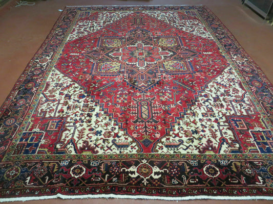 Wonderful Persian Heriz Rug 8.6 x 11, Geometric Heriz Carpet, Semi Antique Decorative Area Rug, Red Ivory Dark Blue Handmade Wool Room Sized - Nuvé
