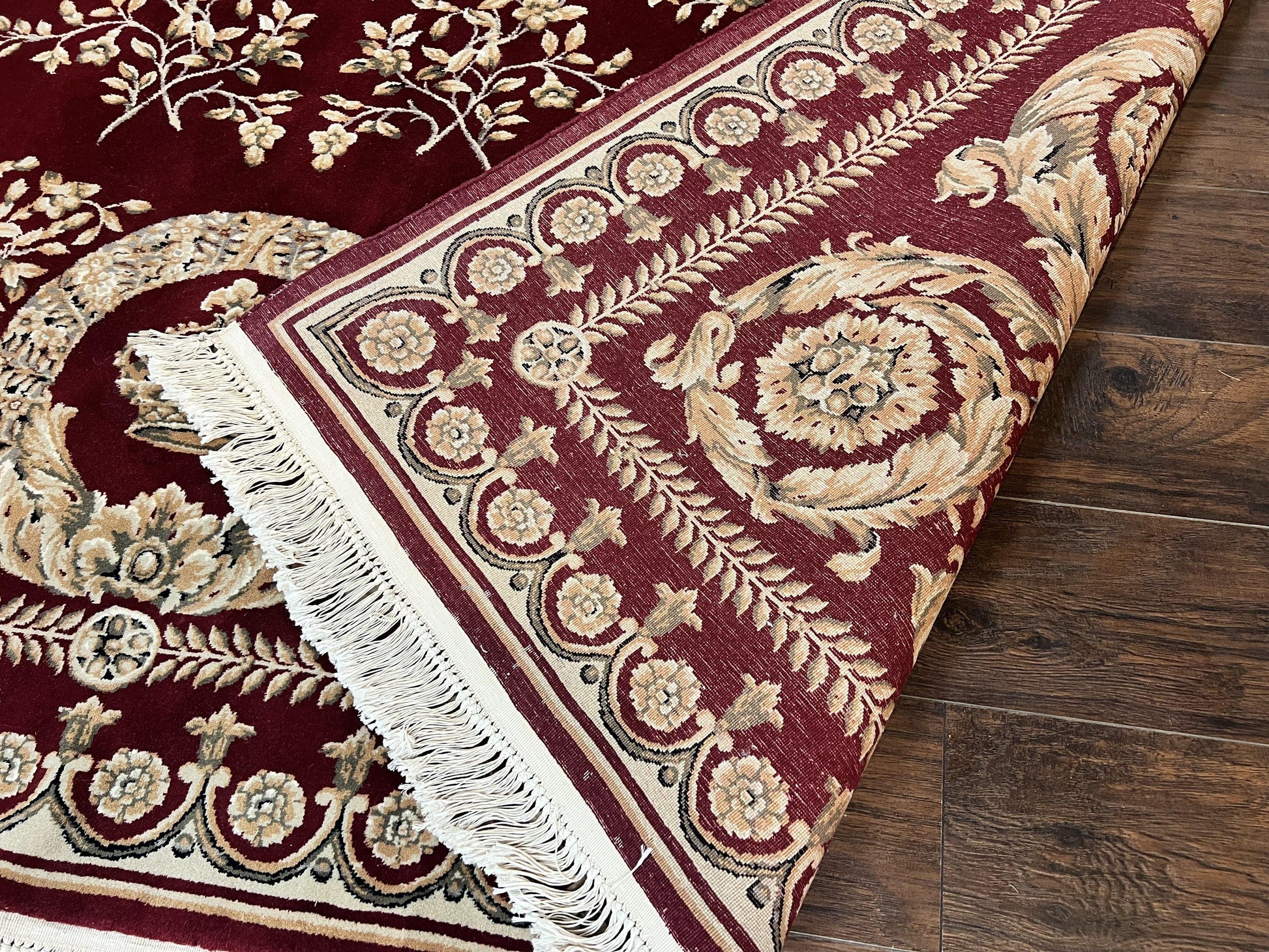 Aubusson Rug 9x12, Wool Handmade Carpet, Elegant French European Design, Dark Maroon Red, 9 x 12 Room Sized Rug, Finely Hand Knotted - Nuvé