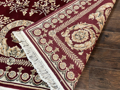 Aubusson Rug 9x12, Wool Handmade Carpet, Elegant French European Design, Dark Maroon Red, 9 x 12 Room Sized Rug, Finely Hand Knotted - Nuvé