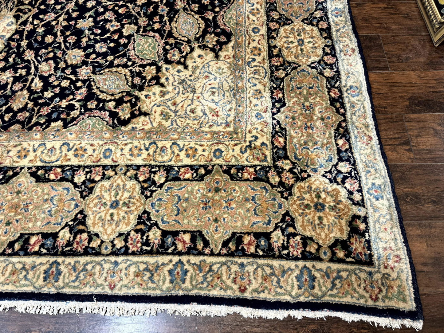 Large Persian Kerman Rug 10x14, Navy Blue and Beige, Floral Medallion, Traditional Elegant Persian Carpet, Signed by Masterweaver - Nuvé