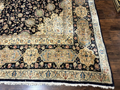 Large Persian Kerman Rug 10x14, Navy Blue and Beige, Floral Medallion, Traditional Elegant Persian Carpet, Signed by Masterweaver - Nuvé