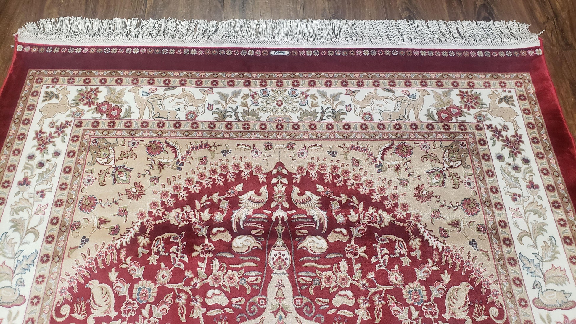 Silk Carpet 4x6 Dark Red & Cream, Tree of Life Rug, Animal Motifs, Birds Deer Rabbits, All Bamboo Silk, 4 x 6 Silk Area Rug - Nuvé