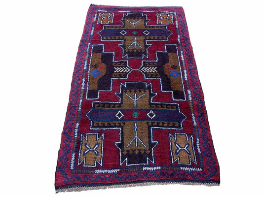 2' 10" X 4' 9" Vintage Handmade Tribal Wool Rug Balouchi Rug Afghan Rug Red Blue - Nuvé