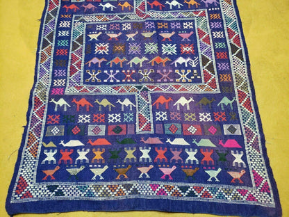 3' X 7' Vintage Handmade Indian Wool Kilim Flat weave Rug Camel Birds Blue Geometric Short Runner - Nuvé