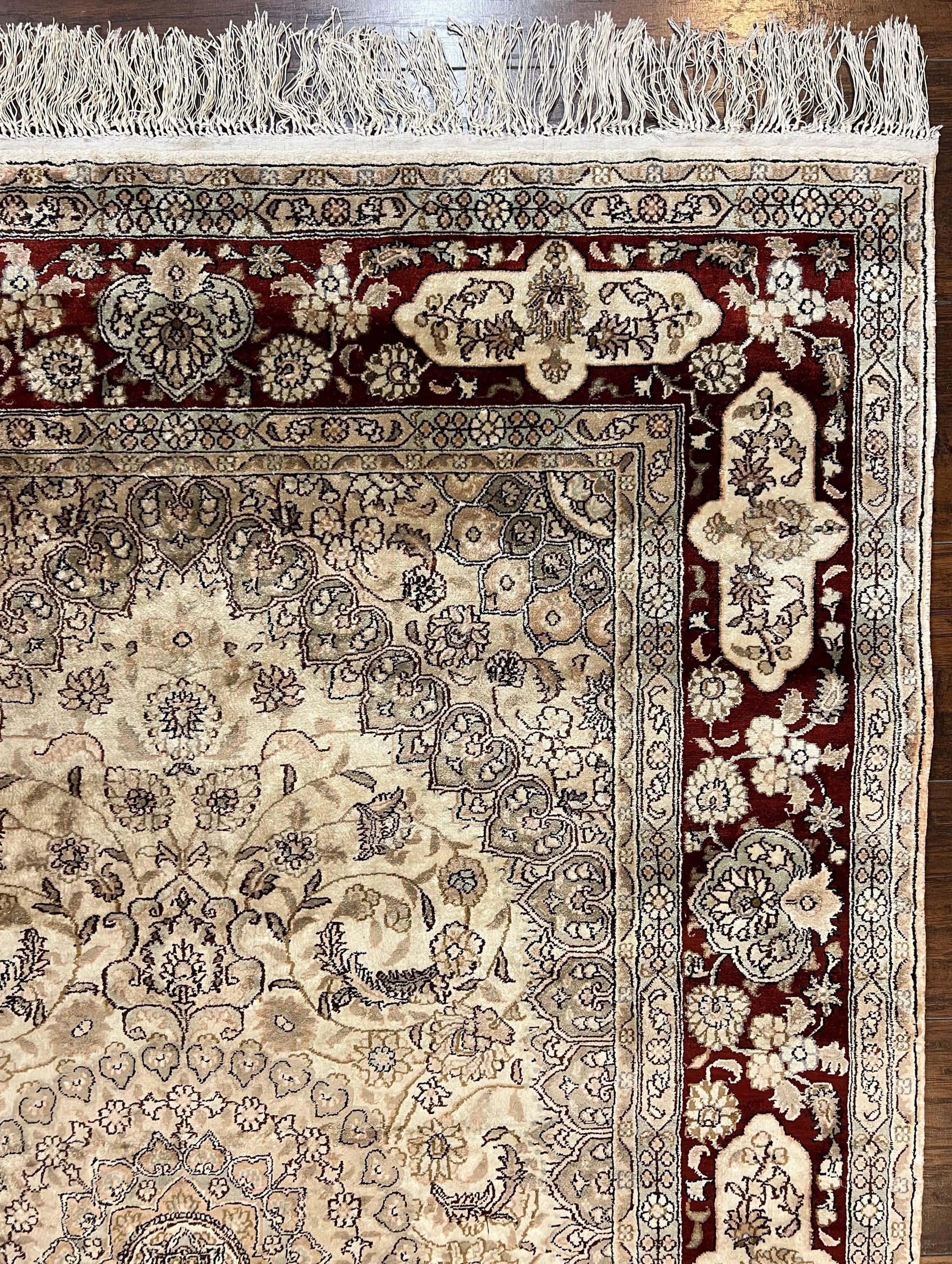 Silk Indian Kashmiri Rug 4x6 ft, Floral Medallion Hand Knotted Handmade Oriental Carpet, Vintage, Cream Burgundy, Very Fine Silk Rug 4 x 6 - Nuvé
