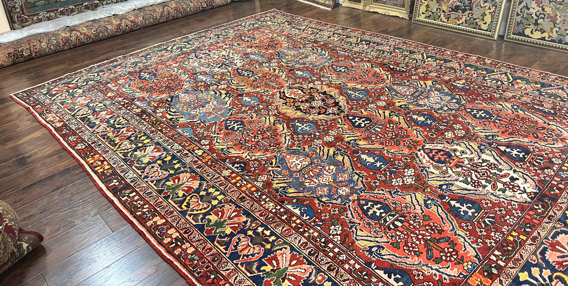 Large Persian Bakhtiari Rug 10x14, Rare Perisan Tribal Rug, Red Blue Ivory Multicolor, Hand Knotted, Semi Antique Carpet - Nuvé