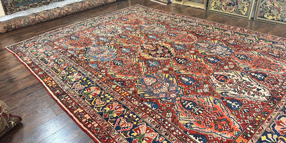 Large Persian Bakhtiari Rug 10x14, Rare Perisan Tribal Rug, Red Blue Ivory Multicolor, Hand Knotted, Semi Antique Carpet - Nuvé