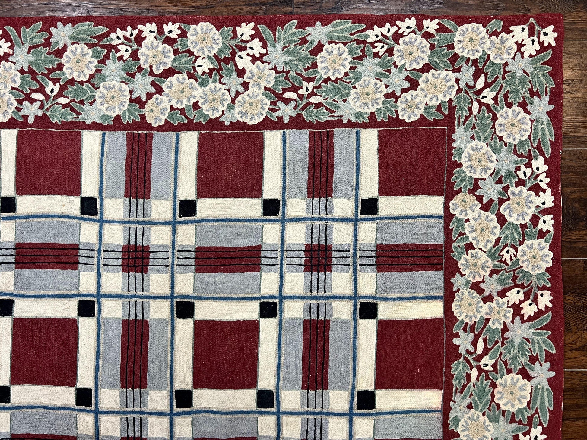 Indian Hand Stitched Rug 4x6, Vintage Carpet, Checkerboard Floral Pattern, Maroon Ivory, Flatweave, Wool - Nuvé