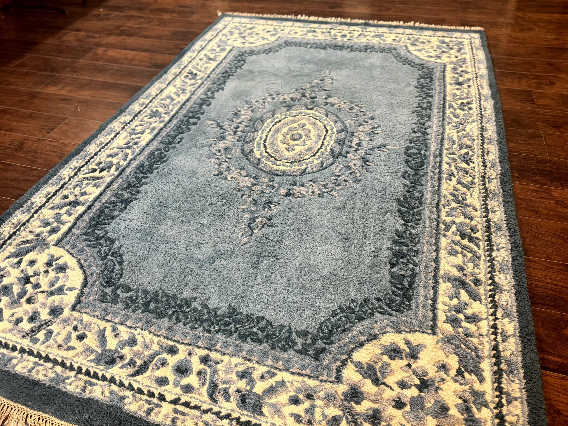 Indo Chinese Aubusson Rug 6x9, Light Blue and Ivory, Handmade Vintage Wool Carpet - Nuvé