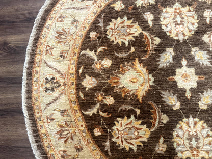 Round Pakistani Rug 6x6, Brown and Beige, Floral, Peshawar Rug, Traditional - Nuvé