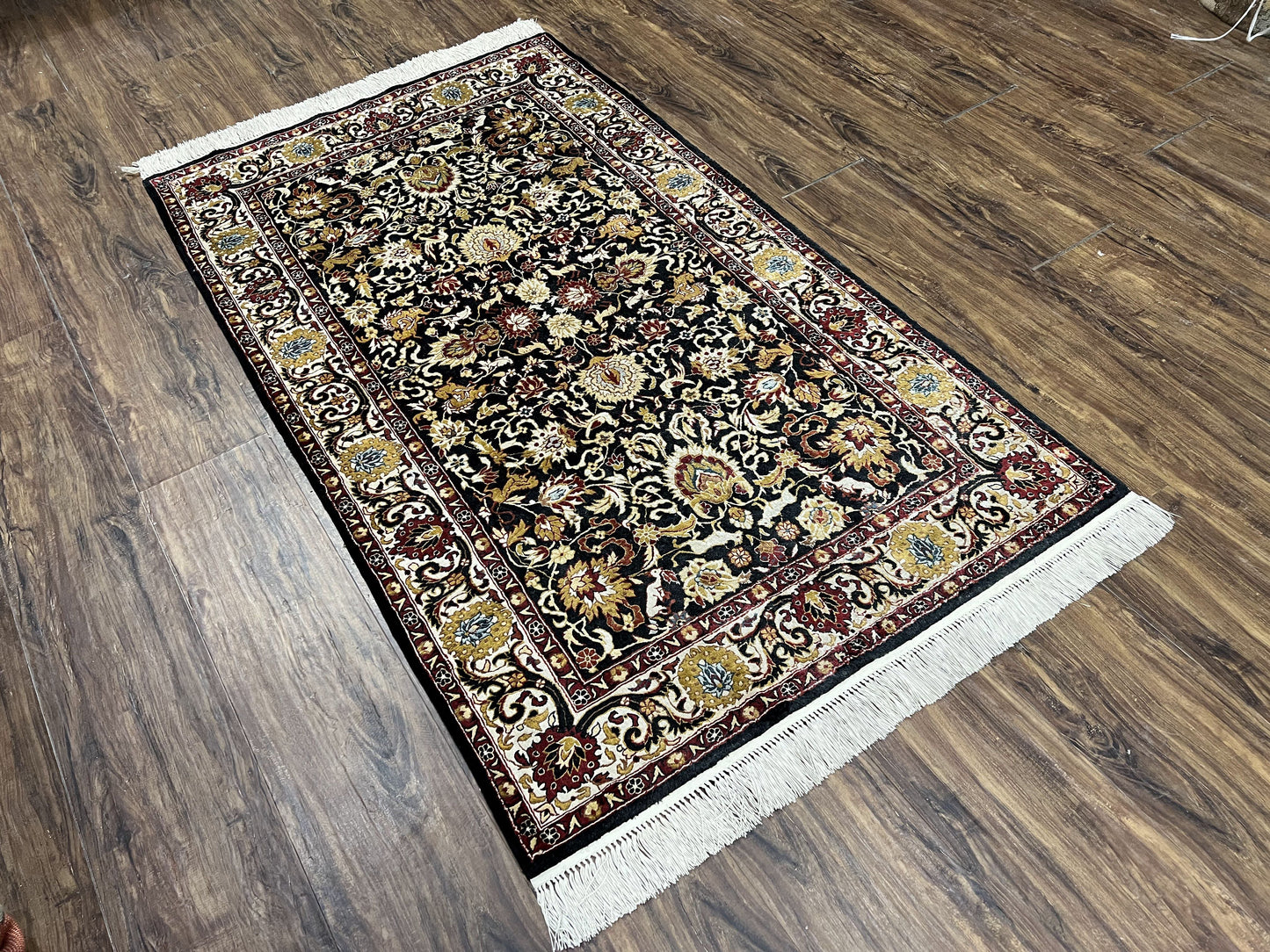 Sino Persian Silk Rug 3x5 Oriental Carpet 3 x 5 Fine Silk Rug, Black Ivory Gold, Animal Motifs, Flowers, High Quality, Vintage Silk Rug Wow