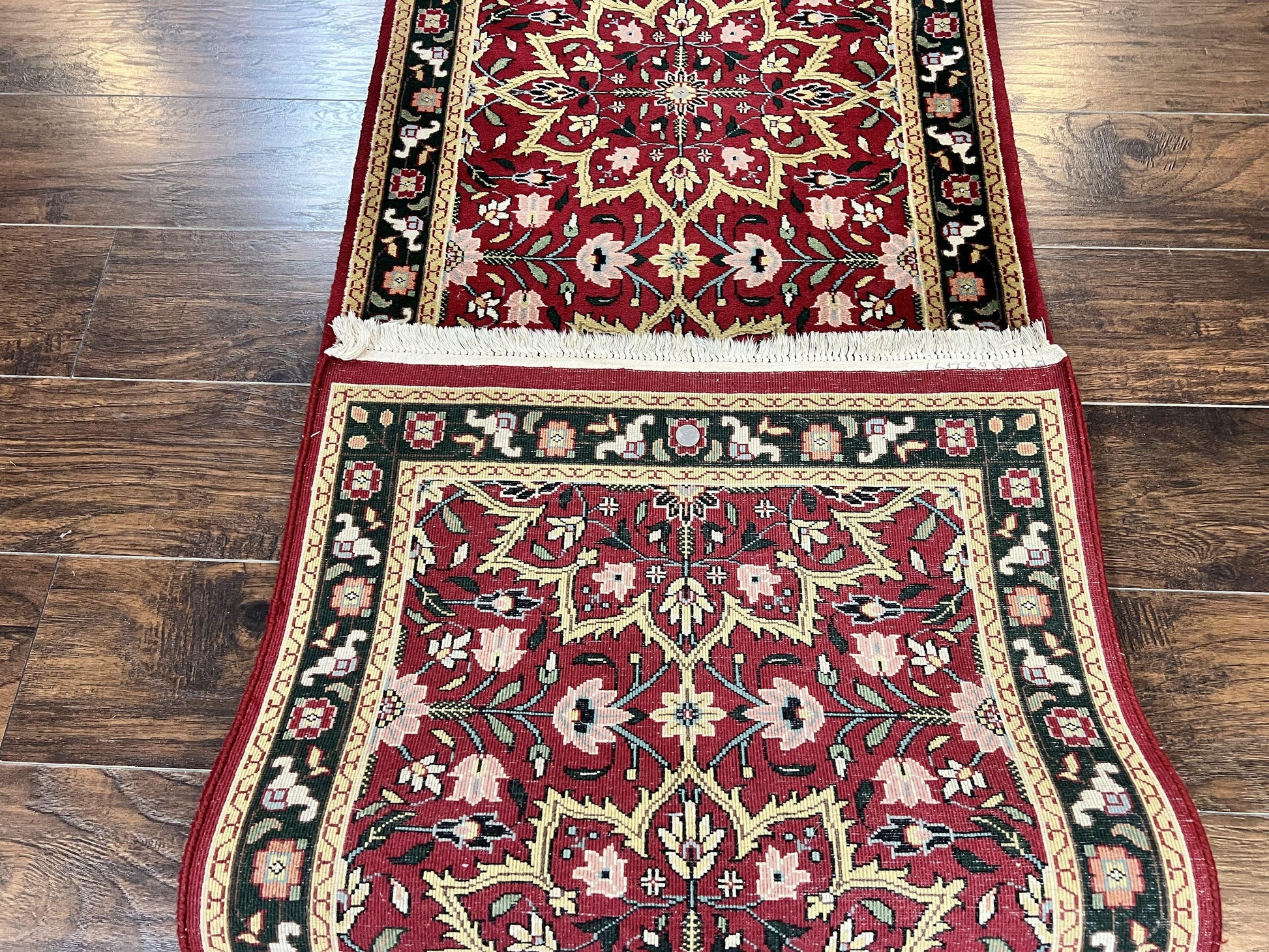 Indo Sarouk Runner Rug 2.6 x 10 ft, Floral Hand Knotted Wool Handmade Vintage Indian Hallway Rug, Red Tan Black, 10ft Persian Runner - Nuvé