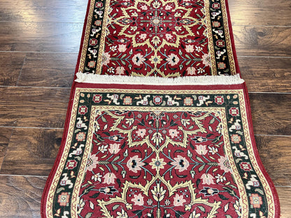 Indo Sarouk Runner Rug 2.6 x 10 ft, Floral Hand Knotted Wool Handmade Vintage Indian Hallway Rug, Red Tan Black, 10ft Persian Runner - Nuvé