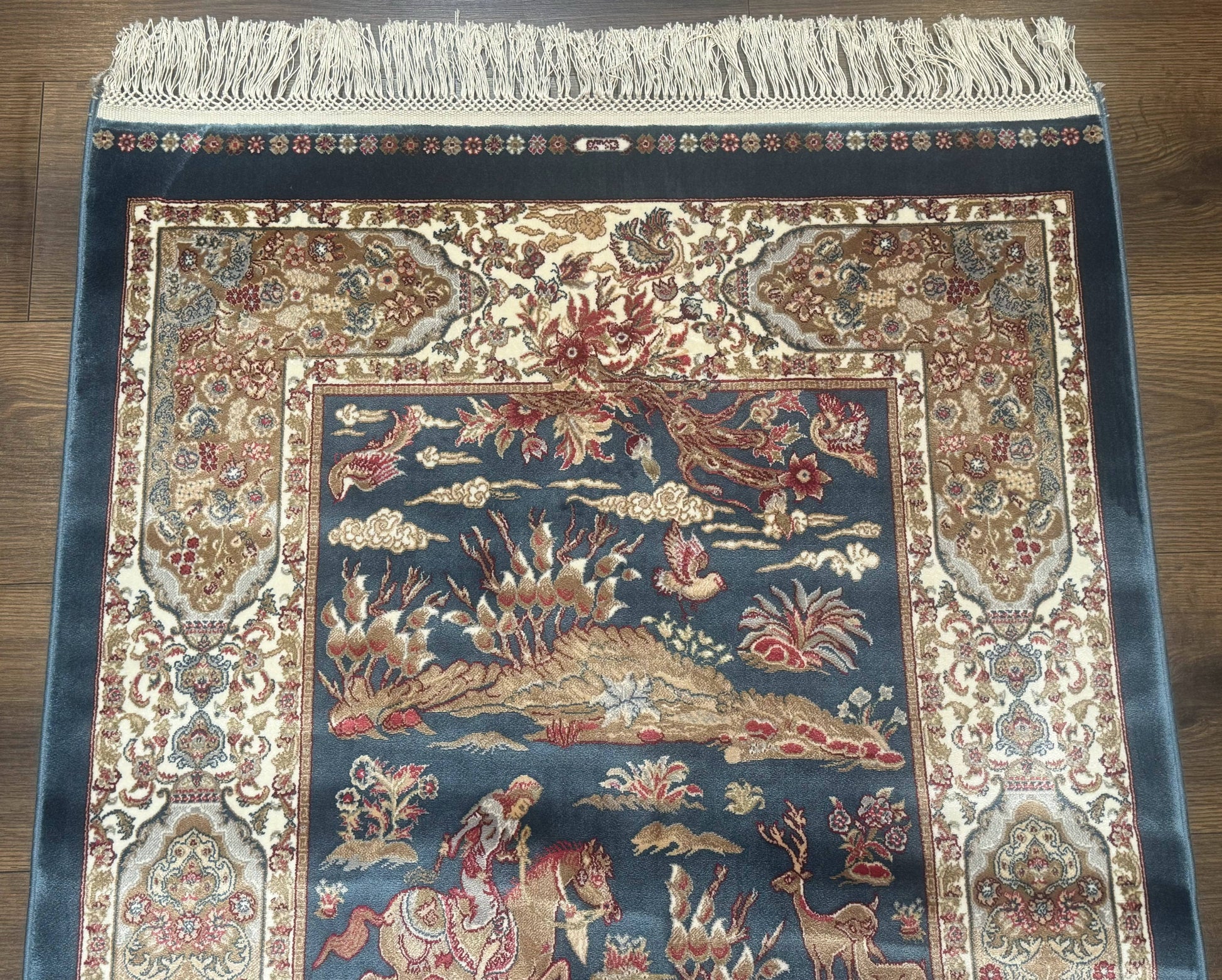 Turkish Silk Hunting Scene Rug 2.6 x 5, Dark Steel Blue & Ivory, Bamboo Silk, New - Nuvé