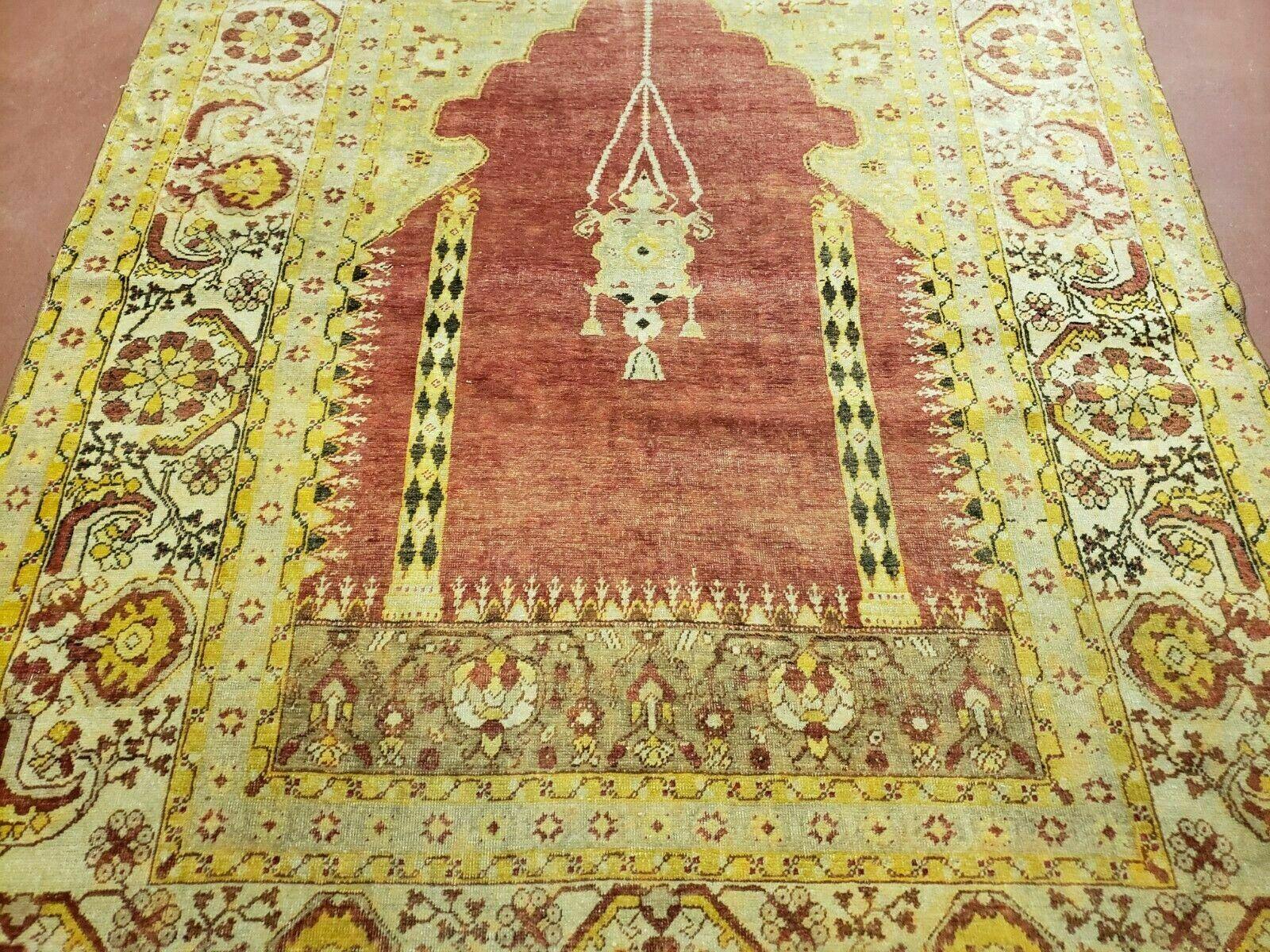 4' 5" X 7' Antique HandmadeTurkish Prayer Melas Oushak Wool Rug Mehrab Nice - Nuvé
