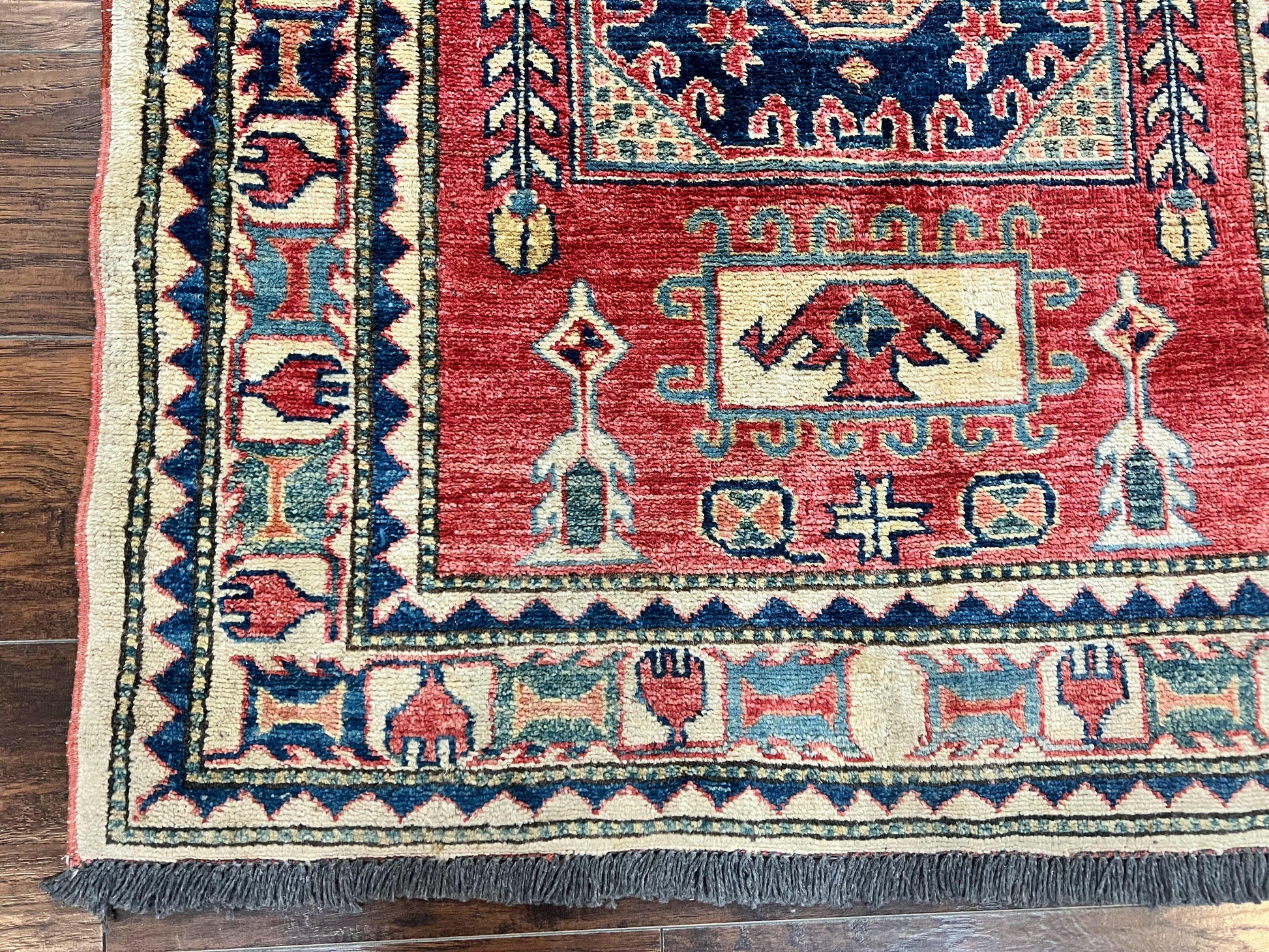 Turkish Kazak Rug 3x4, Wool Hand Knotted Small Vintage Carpet, Red Navy Blue, 3 x 4 Oriental Rug, Geometric Design - Nuvé