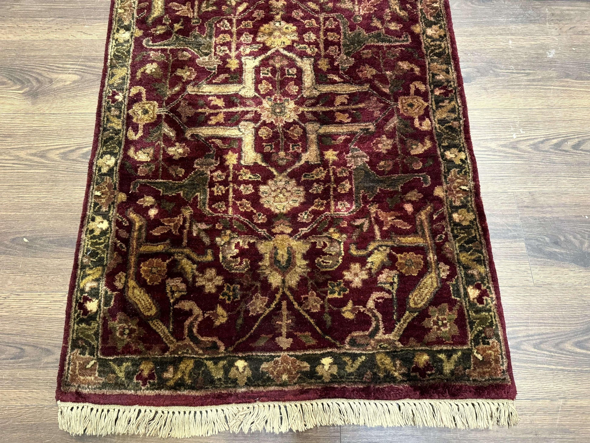 Indo Persian Runner Rug 2.7 x 13.8, Maroon, Wool, Handmade Indian Rug for Hallway - Nuvé