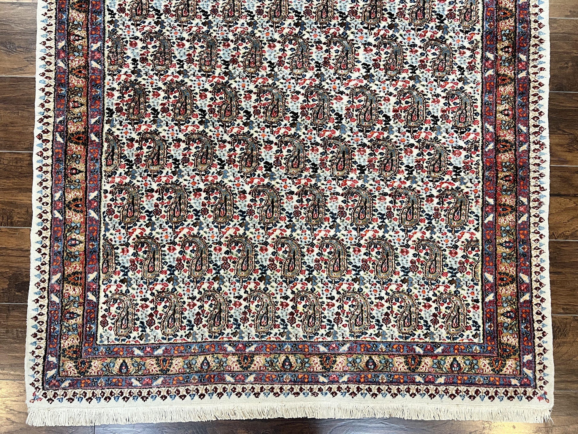 Persian Rug 4x6, Mashad Kashmar Rug, Boteh Paisley Design, Allover Repeated Pattern, Ivory Hand Knotted Vintage Semi Antique Persian Oriental Carpet - Nuvé