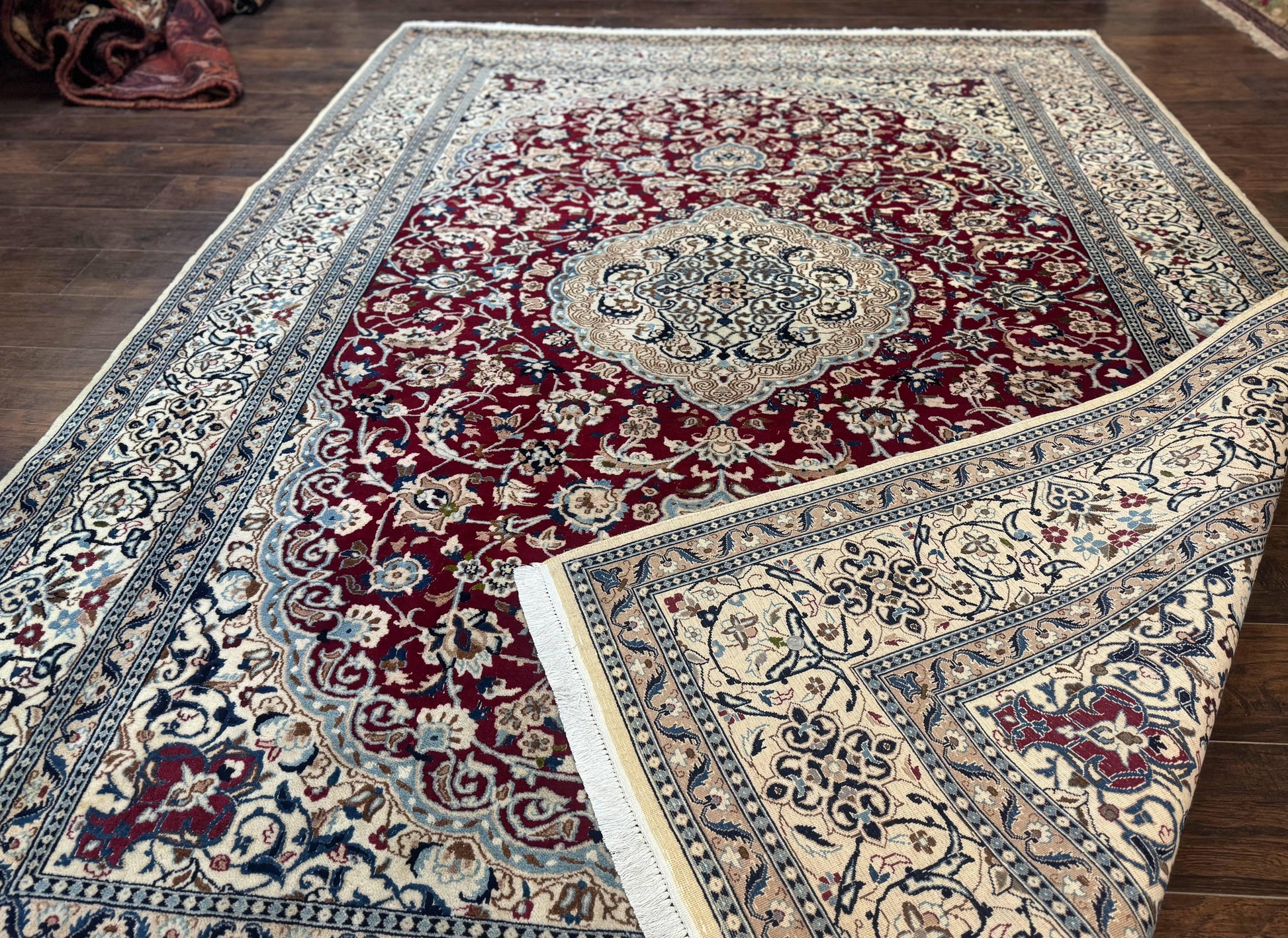 Persian Nain Rug 8x11, Wool and Silk Highlights, Burgundy & Ivory - Nuvé