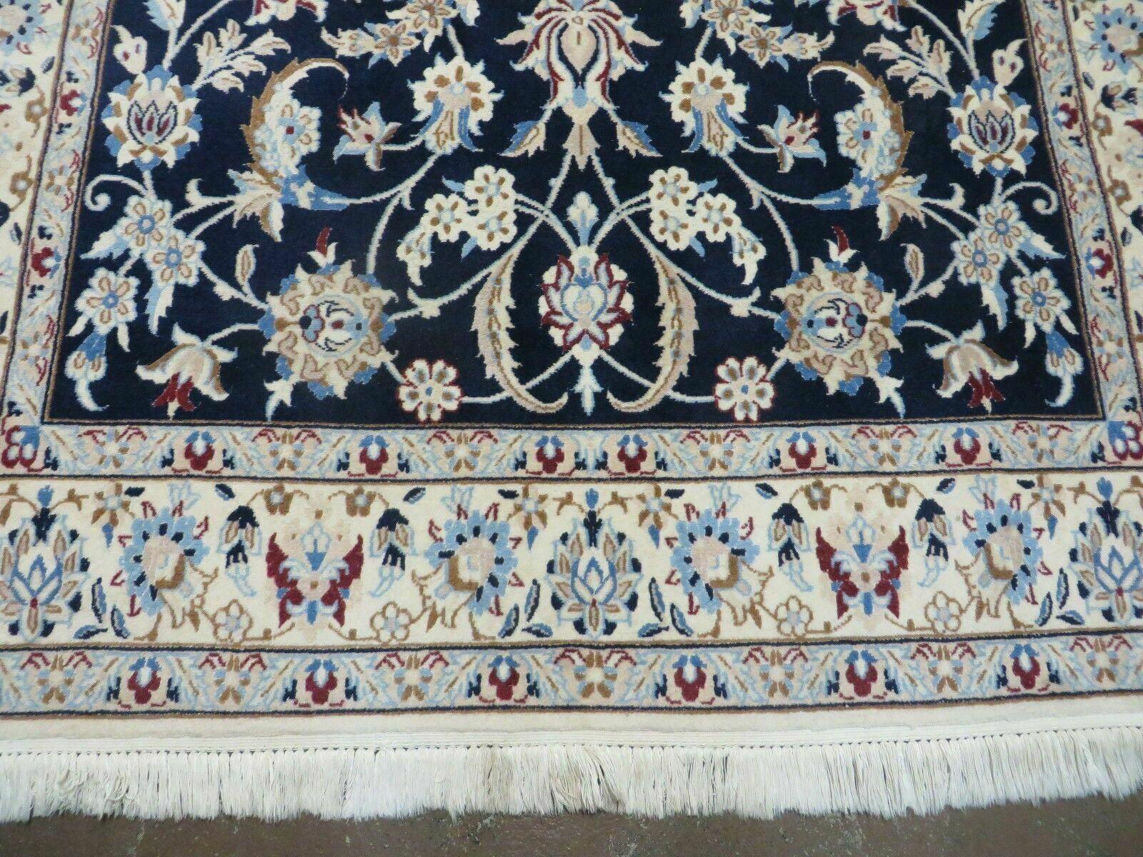 Persian Nain Rug 4x7, Navy Blue and Ivory, Handmade, Wool & Silk Highlights, Fine Oriental Rug, Vintage - Nuvé