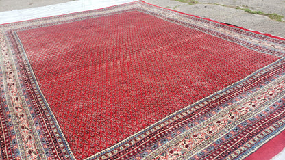 Persian Sarouk Mir Pattern, Red and Beige, Hand-Knotted, Wool, Paisley Boteh Design, 9'9" x 13', Semi Antique - Nuvé