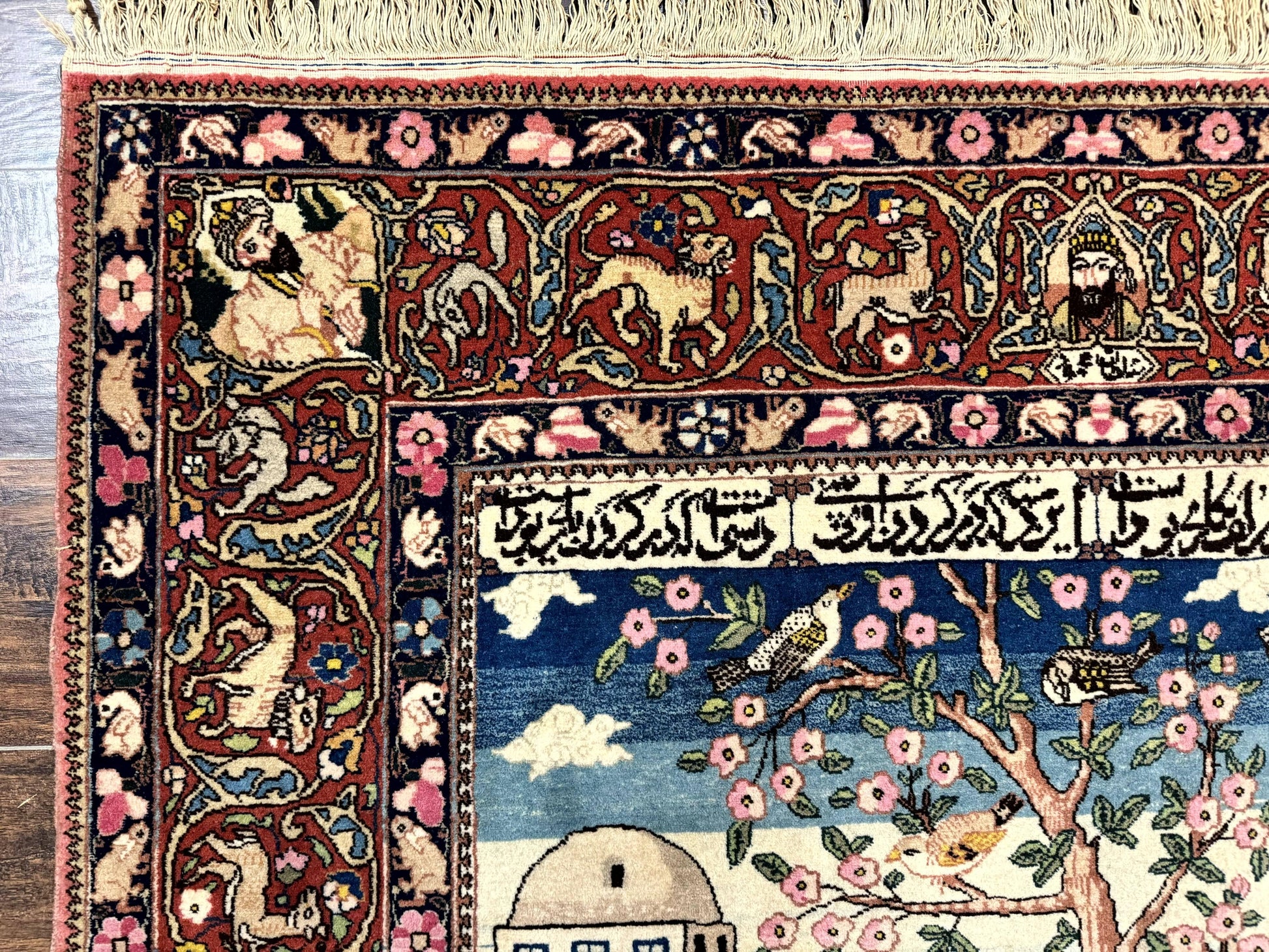 Wonderful Persian Kashan Pictorial Rug 4.7 x 6.5, Persian Rug for Wall Hanging, Handmade Antique Wool Carpet Animal Motifs Poetry Lovers, 240 KPSI - Nuvé