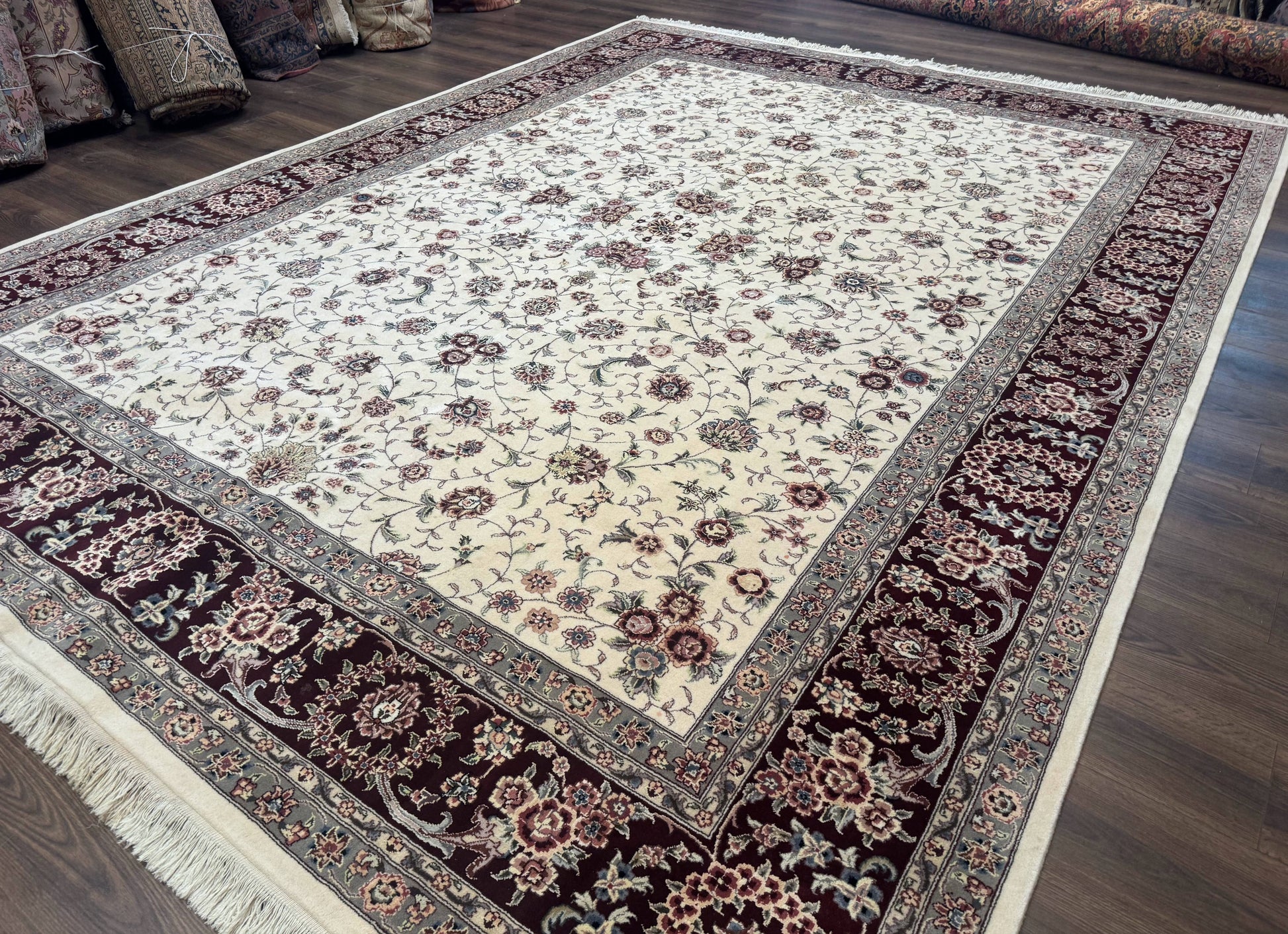 Sino Persian Rug 9x12, Floral Allover Design, 170 KPSI, Ivory and Dark Maroon - Nuvé