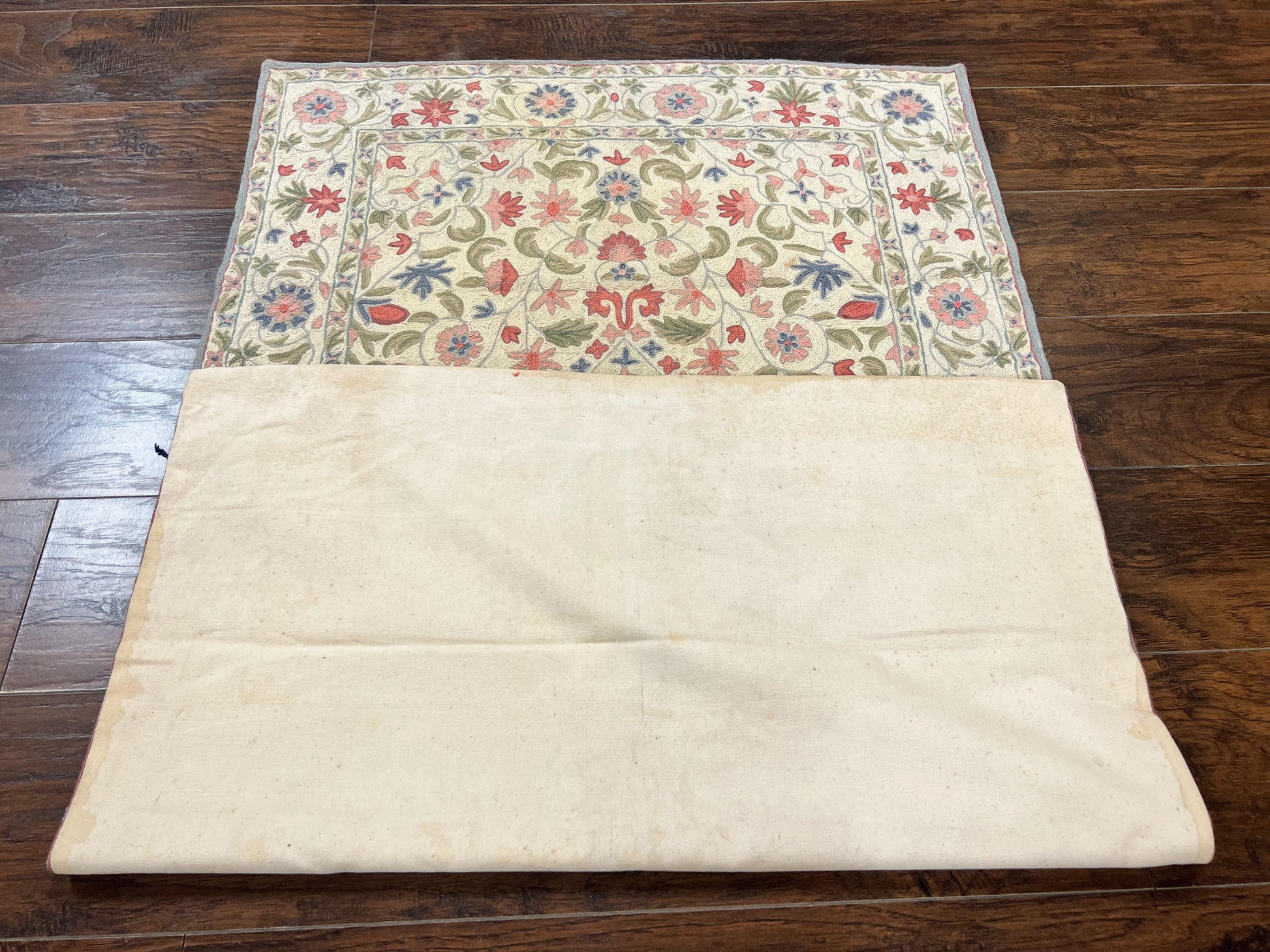 Hand Stitched Indian Rug 4x5, Floral, Vintage Hand Embroidered Rug - Nuvé