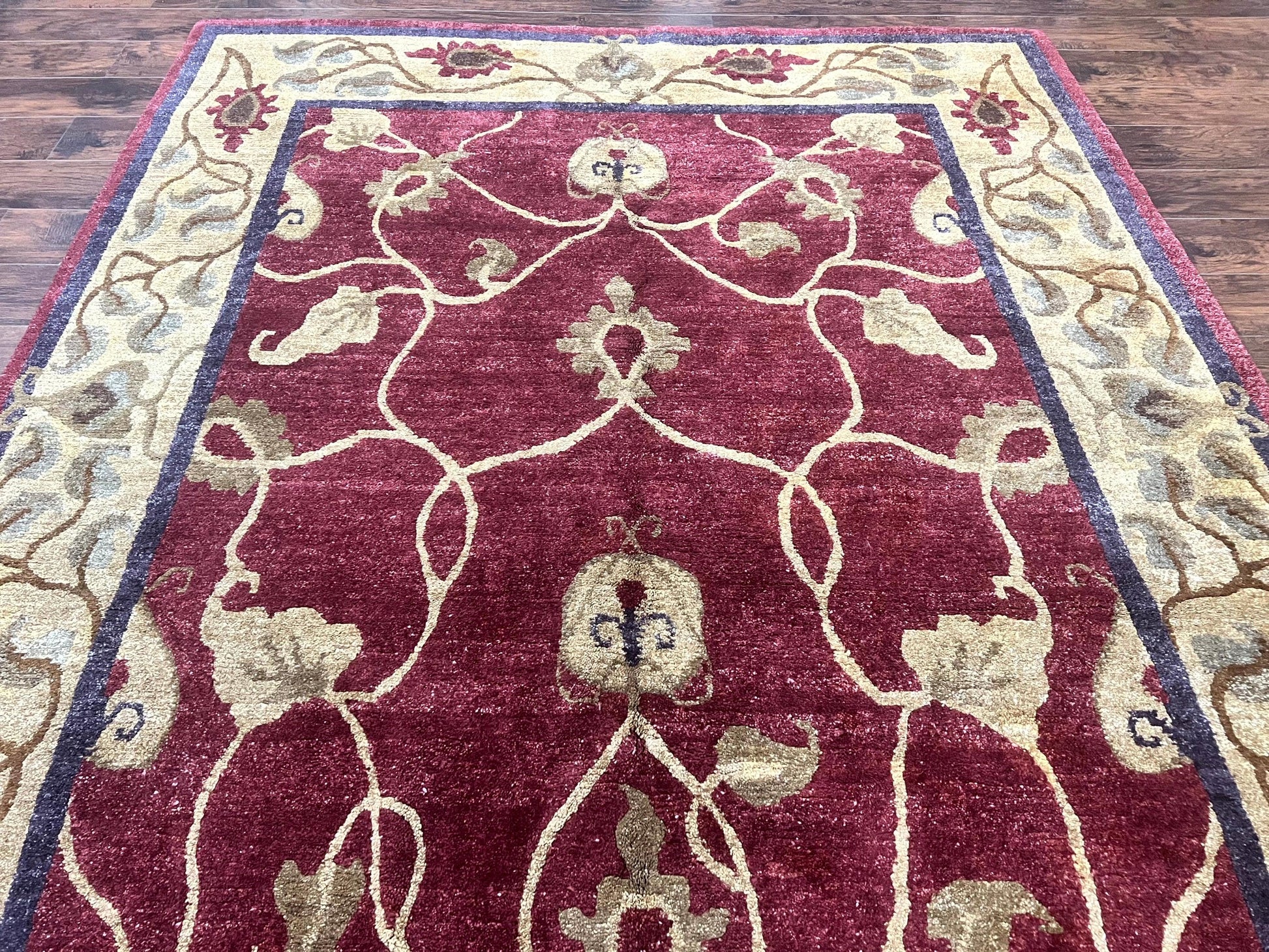 Tibetan Aubusson Rug 8x10, Maroon and Beige, Floral, Handmade, Wool, Vintage, Traditional Rug - Nuvé