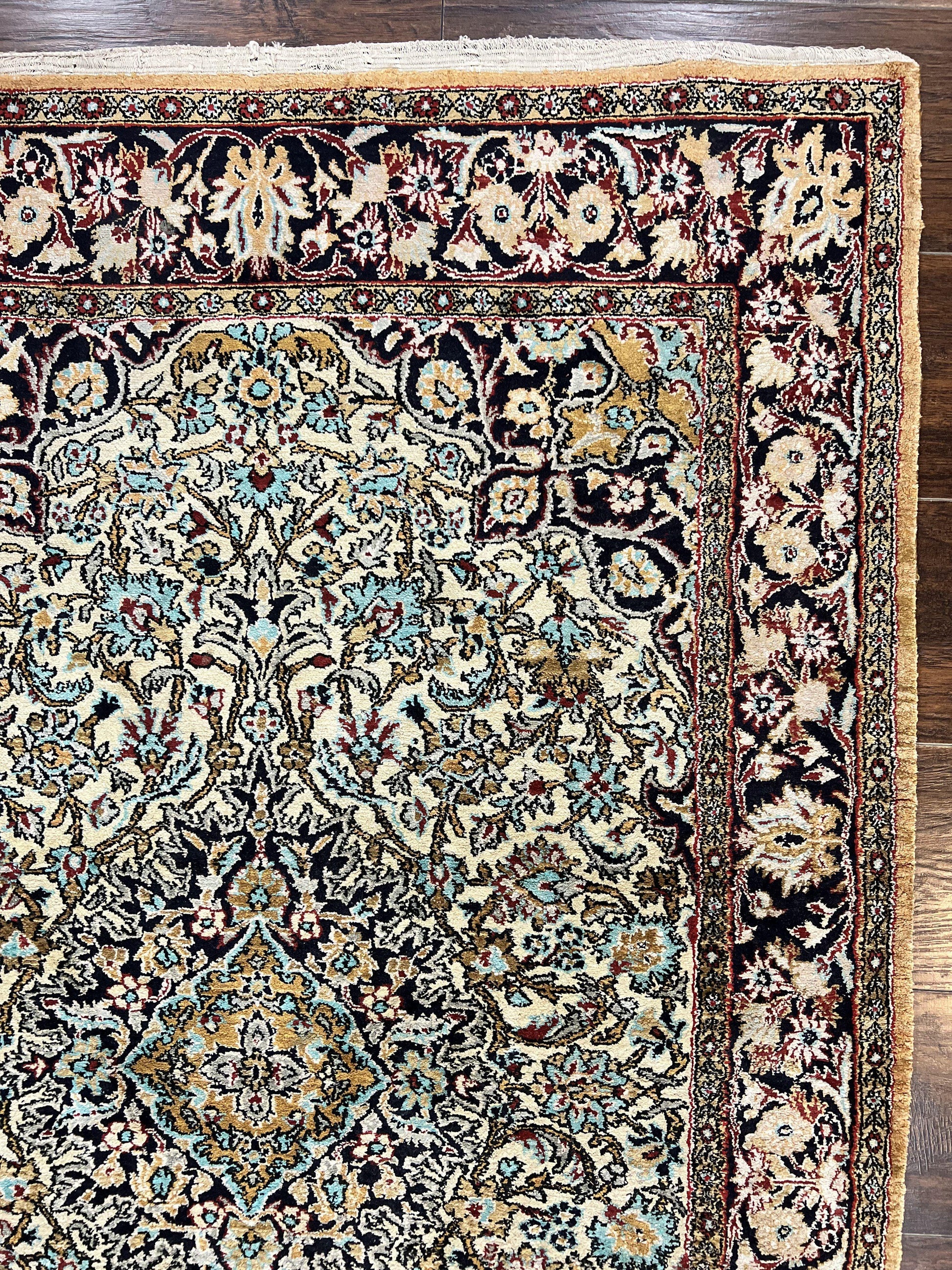 Silk Persian Qum Rug 4x5, Hand Knotted Vintage Carpet, Cream & Navy Blue, Silk Pile on Silk Foundation, Very Fine 360 KPSI - Nuvé
