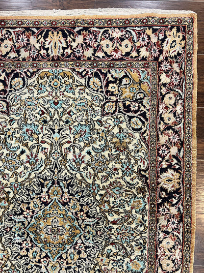 Silk Persian Qum Rug 4x5, Hand Knotted Vintage Carpet, Cream & Navy Blue, Silk Pile on Silk Foundation, Very Fine 360 KPSI - Nuvé