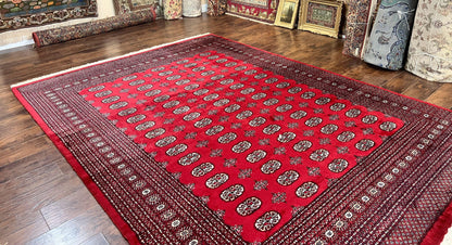 Turkoman Rug 8 x 11.6, Red Bokhara Pakistani Carpet, Wool Handmade Vintage Rug - Nuvé