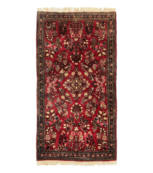 Small Persian Sarouk Rug 2x4, Floral, Red Hand Knotted Wool Traditional Oriental Carpet, Antique Persian Rug 2 x 4