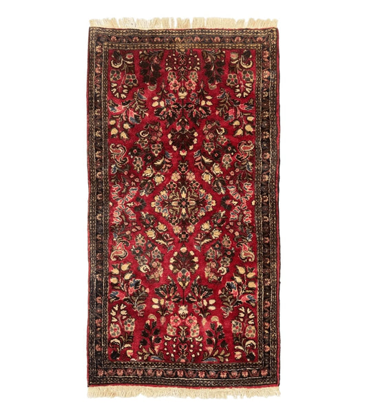 Small Persian Sarouk Rug 2x4, Floral, Red Hand Knotted Wool Traditional Oriental Carpet, Antique Persian Rug 2 x 4