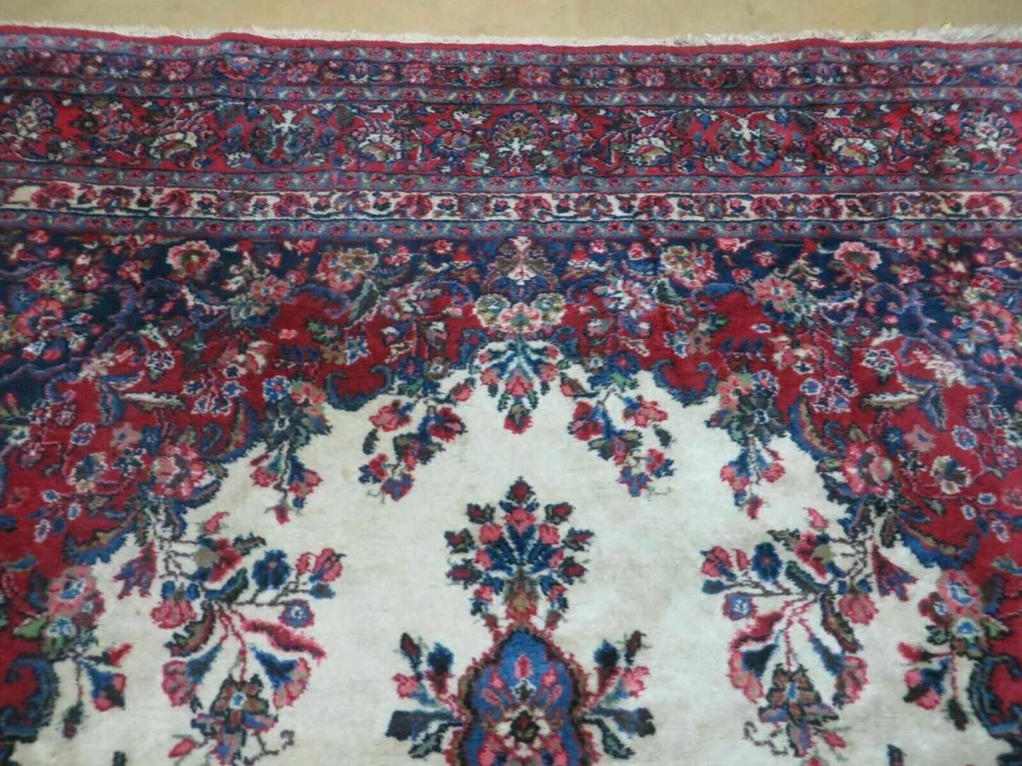 9x12 Persian Sarouk Rug - Semi Open Field Medallion Rug - Ivory Red Blue Hand Knotted Wool Oriental Carpet 9 x 12 Antique Rug - Vegetable Dyes - Nuvé