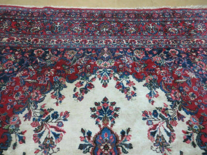 9x12 Persian Sarouk Rug - Semi Open Field Medallion Rug - Ivory Red Blue Hand Knotted Wool Oriental Carpet 9 x 12 Antique Rug - Vegetable Dyes - Nuvé