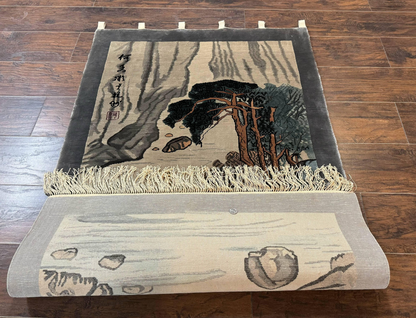 Chinese Silk Wall Hanging 3x5, Handmade, River and Boat Scene, Rug Tapestry - Nuvé