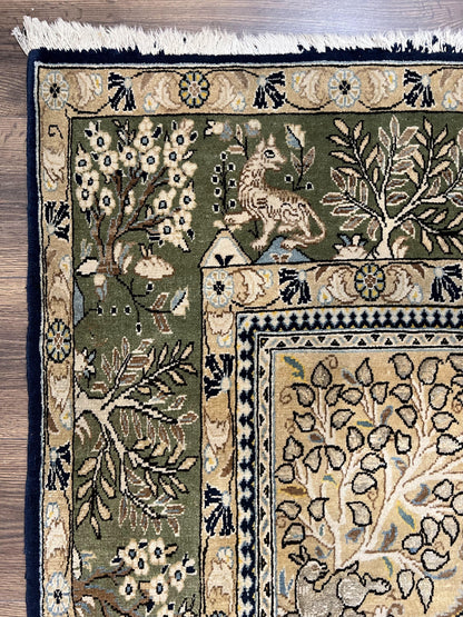 Wonderful Persian Qum Rug 6x9, Animal Pictorials, Tree of Life, Deer Birds, Hand Knotted Oriental Ghom Carpet, Semi Antique Vintage, Navy Blue Green - Nuvé
