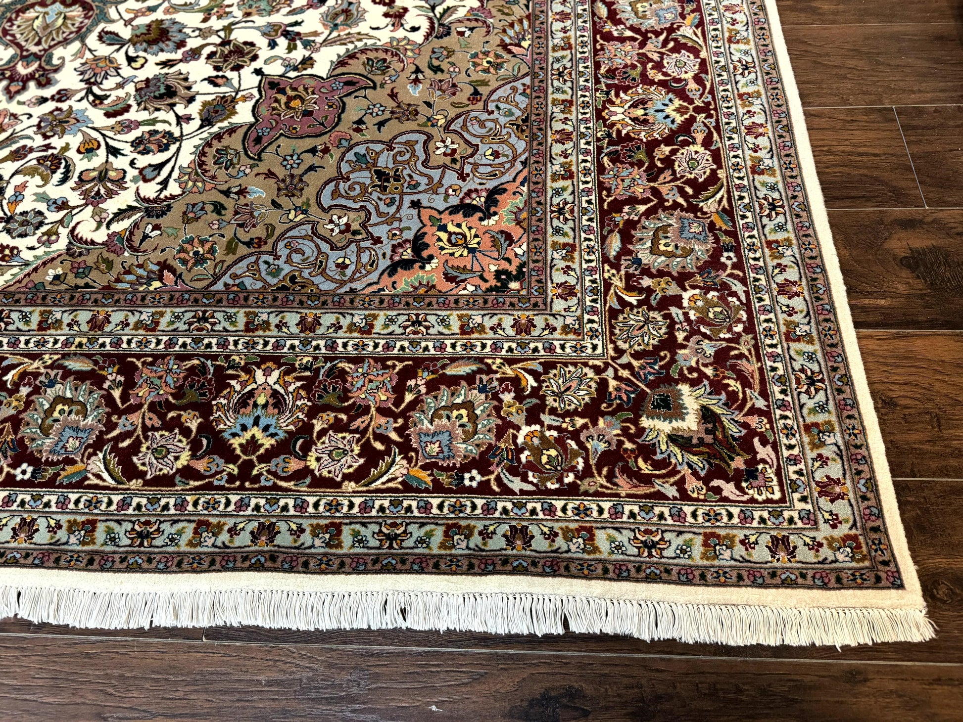 Persian Tabriz Rug 8x11, Floral Medallion Traditional Area Rug, Fine 300 KPSI, Ivory Maroon - Nuvé