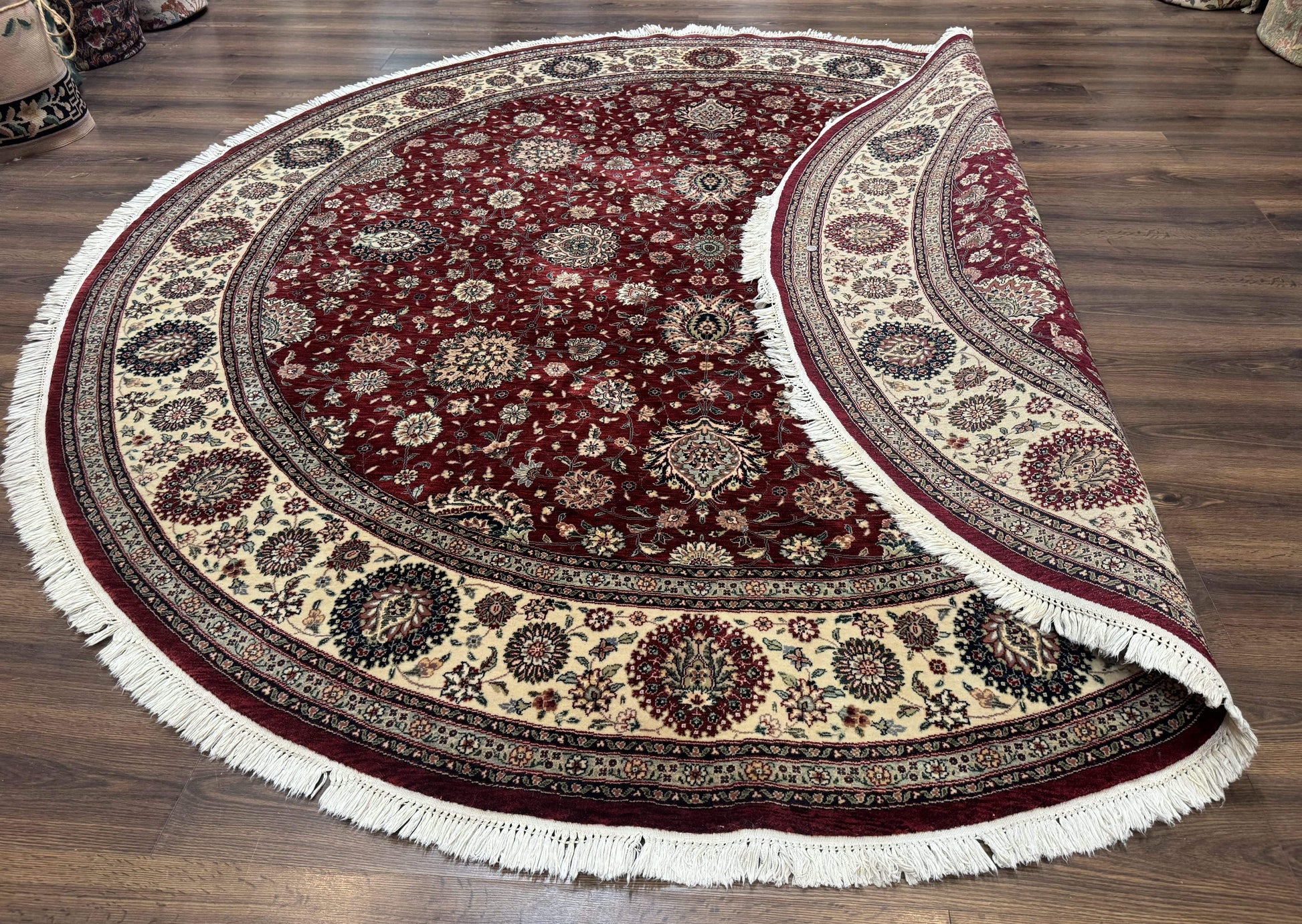 Round Sino Persian Rug 9x9, Burgundy and Cream, Floral, Wool and Silk, 9ft Round Carpet - Nuvé