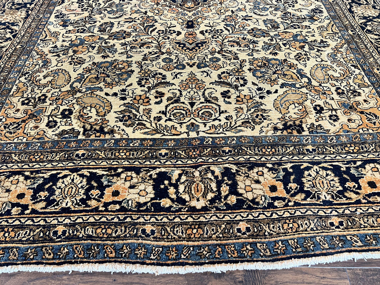 Antique Persian Rug 9x11, Wool Handmade 1920s Oriental Carpet, Persian Hamadan Anjelas Rug, Cream Black, Floral Allover Oriental Rug 9 x 11 Room Sized Rug - Nuvé
