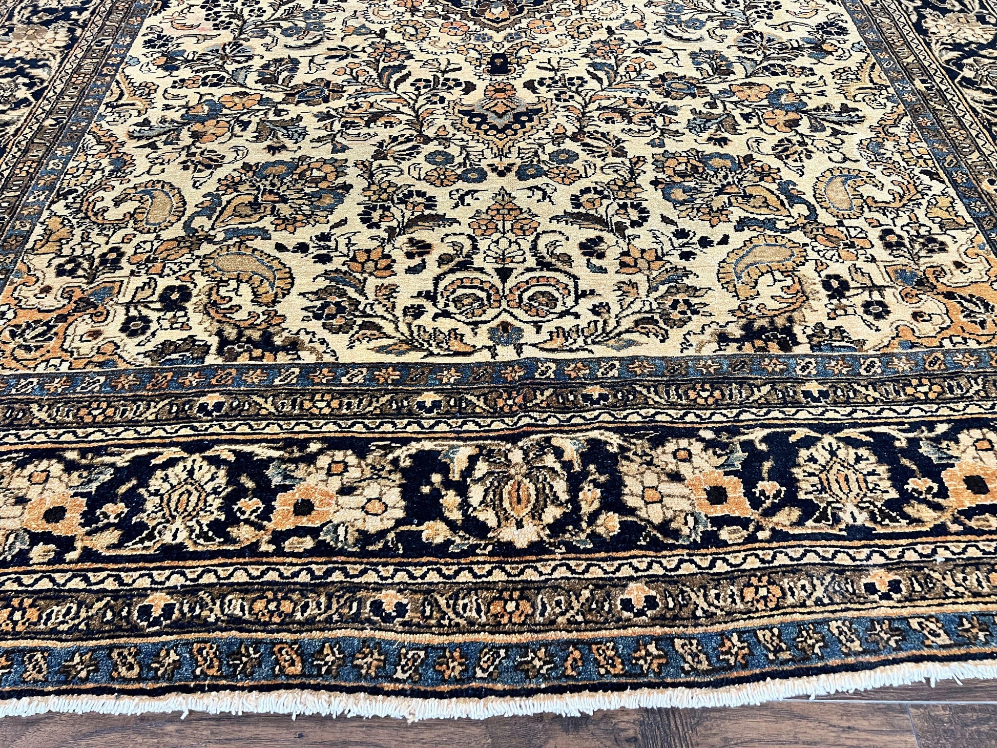 Antique Persian Rug 9x11, Wool Handmade 1920s Oriental Carpet, Persian Hamadan Anjelas Rug, Cream Black, Floral Allover Oriental Rug 9 x 11 Room Sized Rug - Nuvé