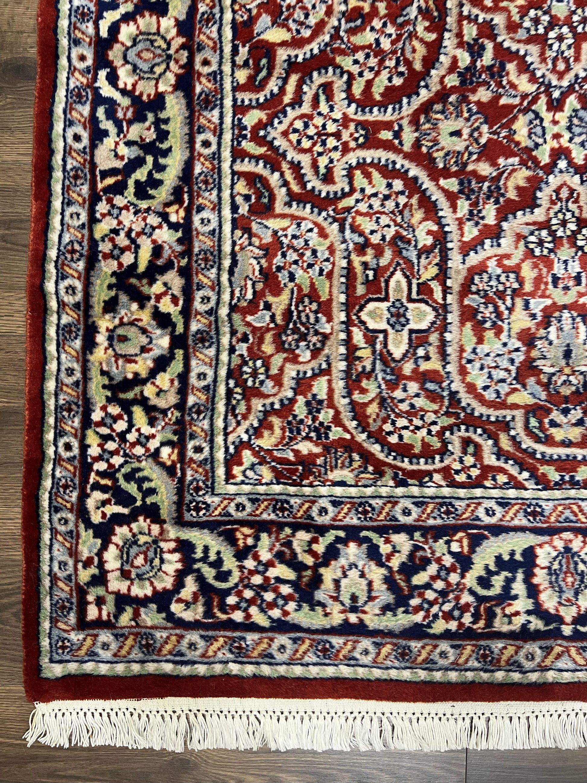 Indo Persian Rug 4x7, Allover Floral Oriental Carpet, Red and Navy Blue, Hand Knotted Indian Kashmiri Traditional Vintage Area Rug 4 x 7 ft - Nuvé