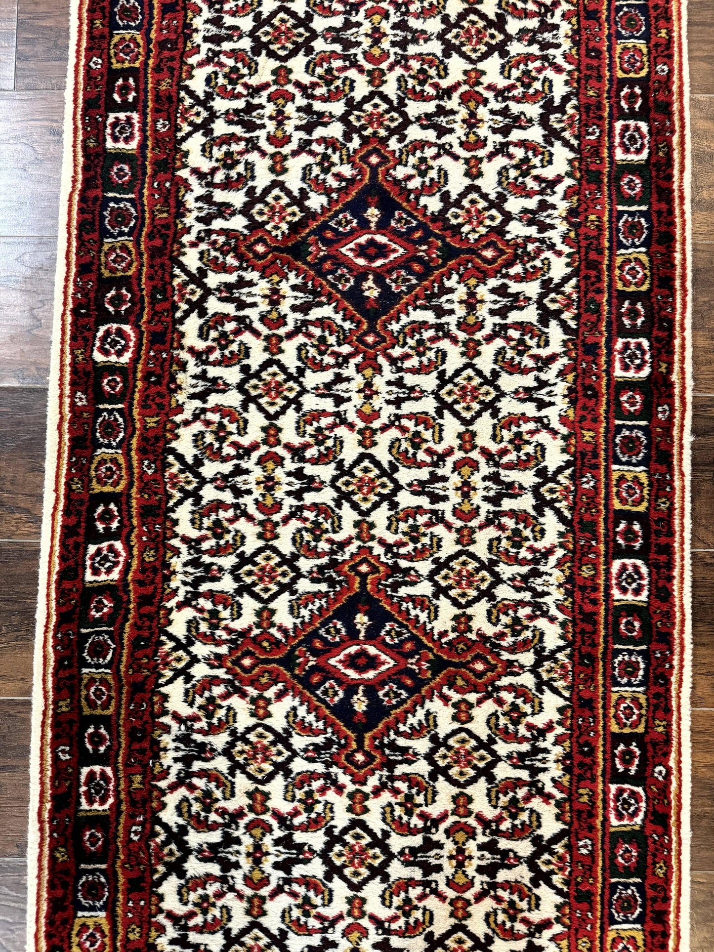Indo Persian Bidjar Runner Rug 2.8 x 10, Vintage Rug for Hallway, 10ft Runner, Wool Handmade Ivory and Red, Medallions - Nuvé