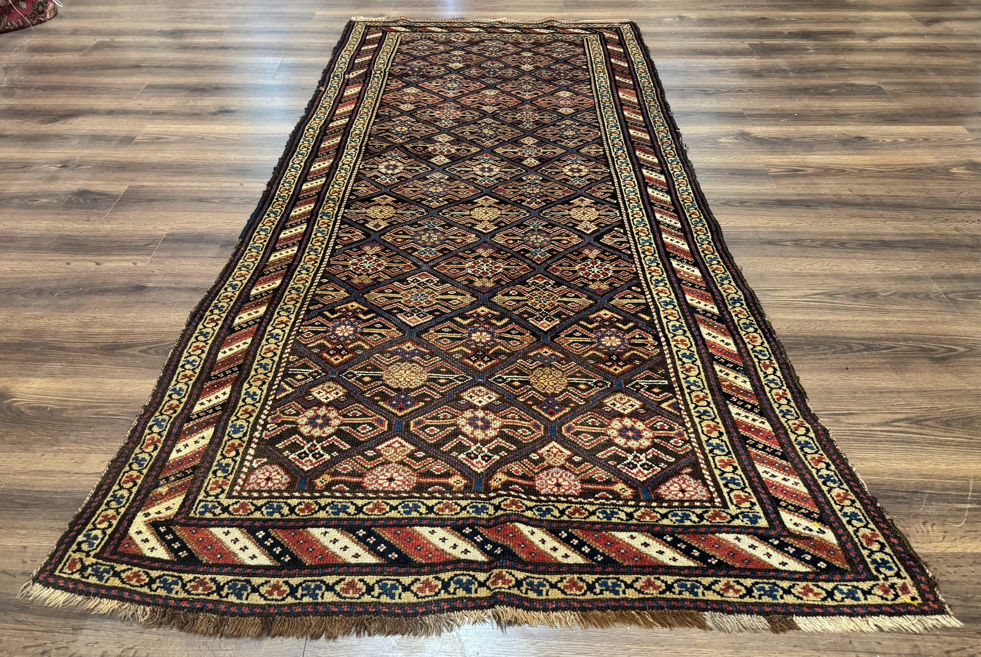 Antique Persian Wide Runner Rug 4x9, Kurdish Rug, Panel Design, Rainbow Border, Rare Tribal Rug - Nuvé