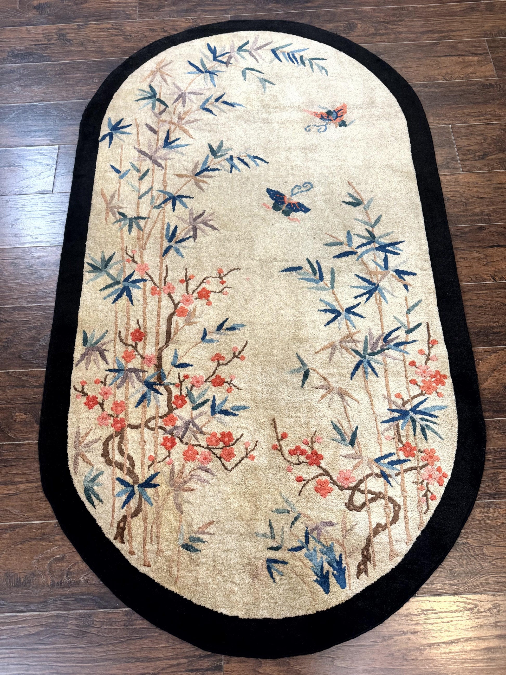 Antique Chinese Oval Rug 3.9 x 6.7, Floral, Butterflies, Chinese Wool Art Deco Peking Carpet, Beige, Handmade - Nuvé
