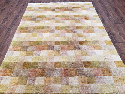 4x6 Tibetan Rug, Modern Abstract Handmade Area Rug, Checkerboard Pattern, Neutral Ivory Gold Tan Colors, Soft Pile, Mid Sized Rug, Nepali - Nuvé