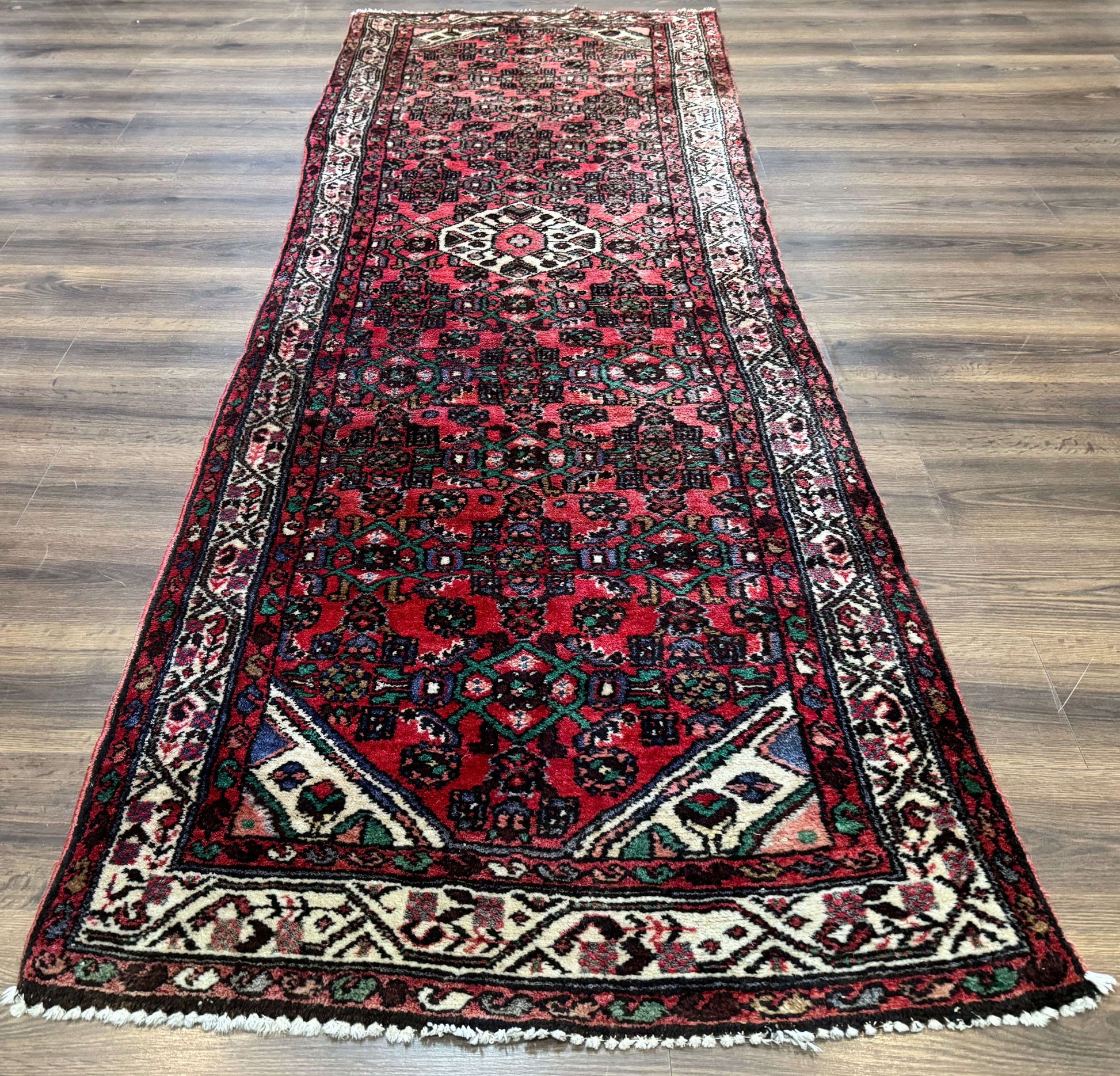 Persian Runner Rug 3x10, Wool Hand Knotted Hallway Rug 3 x 10 ft, Red and Ivory, Hamadan Angelas Runner - Nuvé